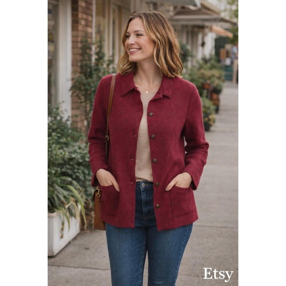 Vintage Red Wool Jacket Cardigan Boiled Wool Button Front Minimalist Textured